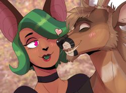  anthro bat beard black_clothing black_topwear brown_beard brown_body brown_facial_hair brown_fur brown_hair closed_eyes clothed clothing deer duo eyelashes facial_hair fangs female front_view fur green_hair green_tongue hair heart_symbol hi_res imperatorcaesar male mammal narrowed_eyes no_pupils open_mouth orange_body orange_fur pink_eyes short_hair simple_background teeth tongue topwear 