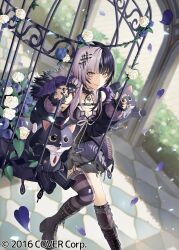  air_(ai_r_) asymmetrical_legwear black_boots black_choker black_coat black_dress black_hair black_socks black_thighhighs boots breast_strap breasts chest_belt choker cleavage coat commentary_request copyright_notice day dress falling_petals female fishnet_socks fishnets flower full_body fur-trimmed_coat fur_trim grey_hair high_heel_boots high_heels hololive hololive_english jewelry kneehighs lace-up_boots large_breasts long_hair looking_at_viewer mismatched_legwear multicolored_hair official_art outdoors petals platform_heels ring shiori_novella shiori_novella_(1st_costume) short_dress single_kneehigh single_sock single_thighhigh sitting sleeveless sleeveless_dress smile socks solo split-color_hair striped_clothes striped_thighhighs thighhighs uneven_legwear virtual_youtuber yellow_eyes 