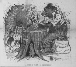  1904 20th_century ancient_art barefoot battleship bear canid canine canis cannon caption card card_game clothing dipstick_tail domestic_dog duo elmer_bushnell eyewear feet feral fox gaming glasses gun handgun hi_res male mammal markings pistol playing_card playing_game public_domain ranged_weapon russian_bear ship signature sitting size_difference stump tail tail_markings topwear vehicle vest warship watercraft weapon wearing_glasses 