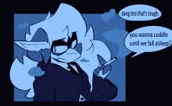  ambiguous_gender bovid caprine cigarette clothed clothing coat dialogue eyeliner facial_markings fluffy garfunk_(artist) goat hair head_markings long_hair looking_at_viewer makeup mammal markings monochrome sheep shirt simple_background smoke smoking solo speech_bubble tank_top topwear 