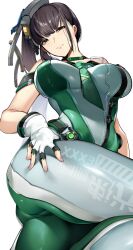  absurdres black_hair blunt_bangs bodysuit breasts brown_eyes eve_(stellar_blade) female fingerless_gloves gloves green_bodysuit green_necktie highres impossible_bodysuit impossible_clothes large_breasts long_hair looking_at_viewer multicolored_bodysuit necktie planet_diving_suit_(7th)_(stellar_blade) ponytail silver_bodysuit sleeveless sleeveless_bodysuit solo stellar_blade thick_thighs thighs two-tone_bodysuit very_long_hair white_gloves yuuyuu_(yuuki1771) 