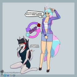  1:1 aurora_(secretswitch) big_breasts big_tail black_hair blue_clothing blue_dress blue_eyes blue_hair blush body_swap bottomwear breast_envy breast_squish breasts canid canine canis clothing cosmic_print denim denim_bottomwear denim_clothing denim_shorts dialogue dress duo equid equine female fluffy fluffy_tail glistening glistening_breasts hair hi_res horn jacket kneeling long_hair looking_at_another looking_at_breasts magic mammal mythological_creature mythological_equine mythology nervous on_ground pink_hair purple_clothing purple_jacket purple_topwear shirt shocked shorts simple_background small_tail speech_bubble squish standing t-shirt tail topwear unicorn white_clothing white_shirt white_topwear wolf yellow_eyes zara_(zaraunitymasters) zaraunitymasters 