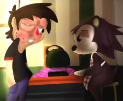  2019 animal_crossing anthro apron apron_only bee_sting bent_arm bent_leg black_clothing black_eyebrows black_eyes black_nose black_shirt black_t-shirt black_topwear blue_bottomwear blue_clothing blue_pants bottomwear brown_body brown_fur brown_hair brown_tail cloth clothed clothed_human clothed_male clothing colored cookieboy011 digital_drawing_(artwork) digital_media_(artwork) duo english_description eulipotyphlan eye_contact eyebrows featureless_arms female female_anthro freckled_face freckles fully_clothed fully_clothed_human fully_clothed_male fur furniture green_wall hair half-closed_eyes hand_in_pocket hedgehog human inside light lighting looking_at_another male male_human mammal medium_hair multicolored_body multicolored_fur narrowed_eyes nintendo pants pattern_apron pattern_clothing plaid plaid_apron plaid_clothing pockets red_nose sable_able sewing_machine shaded shirt sitting_on_stool smile smiling_at_another standing sting story story_in_description striped_wall swollen_cheeks t-shirt table tail tan_body tan_skin topwear triangle_nose two_tone_body two_tone_fur villager_(animal_crossing) wall_(structure) white_apron white_body white_clothing white_fur window wound_on_face 