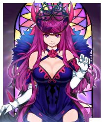  bare_shoulders breasts cleavage closed_mouth dress elbow_gloves fascinator female fire_emblem fire_emblem_engage flower gloves highres ivy_(fire_emblem) large_breasts long_hair looking_at_viewer meriaiwaki_fe mole mole_under_mouth purple_eyes purple_hair rose smile solo spiked stained_glass thorn_print very_long_hair white_gloves 