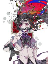  abstract akemi_homura akemi_homura_(magical_girl) black_hair black_shirt blazer blood censored circle collared_shirt crack dilated_pupils dropping female floating_clothes floating_hair floating_neckwear frilled_skirt frills glitch gun hair_ribbon handgun highres hoshimura_yumea jacket kyuubee long_hair long_sleeves mahou_shoujo_madoka_magica mahou_shoujo_madoka_magica_(anime) mismatched_pupils mosaic_censoring neck_ribbon no_mouth picture_frame pink_pupils pleated_skirt purple_eyes purple_nails purple_ribbon purple_skirt red_ribbon ribbon ripples shirt skirt solo static straight_hair surreal weapon white_background white_jacket wing_collar 