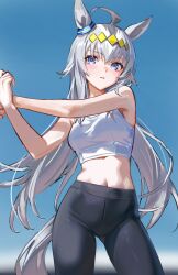  absurdres ahoge animal_ears bare_shoulders blue_eyes ear_ornament ellell915 female grey_tail hair_ornament highres horse_ears horse_girl horse_tail long_hair midriff navel oguri_cap_(umamusume) pants parted_lips simple_background solo sports_bra stretching tail umamusume very_long_hair white_hair white_sports_bra yoga_pants 