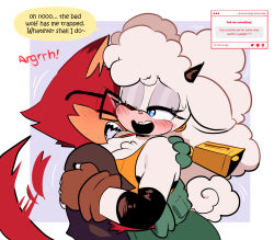  anthro bell blue_eyes blush blush_lines bottomwear bovid breasts canid canine canis caprine clothed clothed_anthro clothed_female clothed_male clothing curled_tail duo ear_piercing ear_ring eyewear female fingerless_gloves fully_clothed fully_clothed_anthro fully_clothed_female fully_clothed_male fur gadget_the_wolf glasses gloves handwear hi_res horn hug idw_publishing lanolin_the_sheep_(sonic) male mammal pants piercing quavernsfw ring_piercing sega sharp_teeth sheep shirt sonic_the_hedgehog_(comics) sonic_the_hedgehog_(idw) sonic_the_hedgehog_(series) tail tail_motion tailwag tank_top teeth topwear white_body white_fur white_sclera wolf wool_(fur) wool_hair 