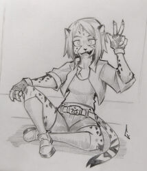  absurd_res anthro belt biped blonde_hair bottomwear breasts brie_(grinriff) cheetah clothed clothing countershade_face countershade_fur countershading dialogue ear_piercing ear_ring eyebrows felid feline female fingerless_gloves fingers fur gesture gloves green_eyes grinriff hair hand_gesture handwear hi_res humanoid jacket mammal midriff open_mouth piercing ring_piercing shorts solo speech_bubble tail text topwear v_sign 