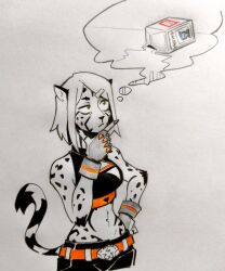  anthro belt biped blonde_hair bottomwear breasts brie_(grinriff) cheetah clothed clothing countershade_face countershade_fur countershading dairy_products ear_piercing ear_ring eyebrows felid feline female fingers food fur green_eyes grinriff hair hi_res humanoid mammal meme midriff piercing ring_piercing shorts solo tail 