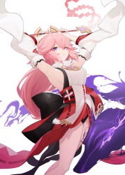  absurdres animal_ears armpits arms_up bare_legs breasts detached_sleeves feet_out_of_frame female fox_ears fox_girl genshin_impact gohei hair_between_eyes hair_ornament highres holding holding_gohei japanese_clothes large_breasts long_hair long_sleeves looking_at_viewer nontraditional_miko open_mouth penken pink_hair sideboob simple_background smile solo white_background wide_sleeves yae_miko 