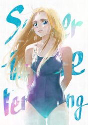  absurdres arms_behind_back bare_shoulders blonde_hair blue_eyes blue_one-piece_swimsuit breasts chihirokrakauer closed_mouth collarbone commentary_request competition_school_swimsuit copyright_name cowboy_shot female forehead highres kofune_ushio large_breasts long_hair looking_at_viewer one-piece_swimsuit school_swimsuit solo summertime_render swimsuit 