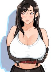  black_hair blush breasts covered_nipples crop_top crossed_arms dated earrings elbow_pads female final_fantasy final_fantasy_vii fingerless_gloves gloves iroquoisdomi jewelry large_breasts lips looking_to_the_side mole mole_on_breast nose red_eyes signature simple_background single_arm_guard single_elbow_pad skirt solo suspender_skirt suspenders tank_top teardrop_earrings tifa_lockhart white_background white_tank_top 