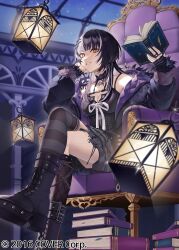  air_(ai_r_) asymmetrical_legwear black_boots black_choker black_coat black_dress black_hair black_socks black_thighhighs blunt_bangs book book_stack boots breast_strap breasts chest_belt choker cleavage coat commentary_request copyright_notice crossed_legs day dress elbow_on_knee female fishnet_socks fishnets full_body fur-trimmed_coat fur_trim grey_hair grin high_heel_boots high_heels holding holding_book hololive hololive_english indoors jewelry kneehighs lace-up_boots lantern large_breasts long_hair looking_at_viewer mismatched_legwear multicolored_hair night official_art on_chair open_book platform_heels ring shiori_novella shiori_novella_(1st_costume) short_dress single_kneehigh single_sock single_thighhigh sitting sleeveless sleeveless_dress smile socks solo split-color_hair striped_clothes striped_thighhighs thighhighs uneven_legwear virtual_youtuber yellow_eyes 