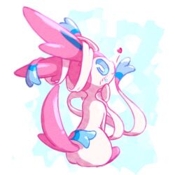  1:1 2025 ambiguous_gender astella1204 blue_eyes blush blush_lines eeveelution feral fur generation_6_pokemon heart_symbol looking_at_viewer looking_back nintendo pink_body pink_fur pokemon pokemon_(species) ribbons_(anatomy) signature simple_background sitting solo sylveon tail white_body 