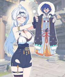 2girls ^_^ ahoge belle_(delicate_sunlight)_(zenless_zone_zero) belle_(zenless_zone_zero) blue_hair blush breasts cleavage closed_eyes commentary cowboy_shot dress english_commentary game_screenshot_background hair_between_eyes hair_ornament high-waist_shorts highres holding holding_cloth holding_unworn_clothes large_breasts letter_hair_ornament long_hair mole mole_on_breast multiple_girls orange_dress outline palm-fist_greeting parangmuru screenshot_background shorts single_hair_intake single_thighhigh smile speech_bubble split_mouth thighhighs thought_bubble white_outline yin_yang_pin yixuan_(zenless_zone_zero) zenless_zone_zero 