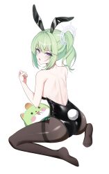  absurdres animal_ears ass backless_leotard bare_arms bare_back bare_shoulders black_leotard blue_eyes breasts brown_pantyhose chico_(yuzuha_riko) commentary fake_animal_ears fake_tail female from_behind green_hair hair_ornament highres korean_commentary leotard long_hair looking_at_viewer looking_back median_furrow medium_breasts multicolored_eyes no_shoes open_mouth pantyhose playboy_bunny purple_eyes rabbit_ears side_ponytail simple_background sitting soles solo stellive tail thighband_pantyhose two-tone_eyes v-shaped_eyebrows virtual_youtuber wariza white_background yt9676 yuzuha_riko 