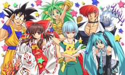  2boys 6+girls amaterasu_(ookami) animal_hands ayanami_rei bad_id bad_pixiv_id black_hair capcom cham_cham crossover dragon_ball everyone flaming_hand gloves hakurei_reimu hatsune_miku long_hair multiple_boys multiple_crossover multiple_girls neon_genesis_evangelion okami paw_gloves pikachu pokemon pokemon_(creature) samurai_spirits smile snk son_goku spring_onion stargeyser the_king_of_fighters touhou v vocaloid yagami_iori 