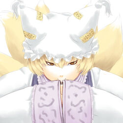  animal_hat blonde_hair female fox_tail hands_in_opposite_sleeves hat kakkou long_sleeves lowres mob_cap multiple_tails short_hair smirk solo tail tassel touhou tsurime white_background wide_sleeves yakumo_ran yellow_eyes yellow_tail 