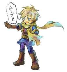  1boy blonde_hair blue_eyes boots commentary_request gloves golden_sun isaac_(golden_sun) lowres male_focus mutsuki_kaya open_mouth scarf solo translated 