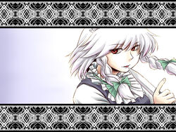  bad_id bad_pixiv_id bow braid female grey_hair hairbow izayoi_sakuya kakkou knife licking maid red_eyes short_hair solo touhou twin_braids 