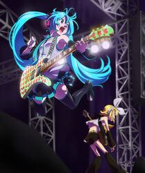  2girls aqua_eyes aqua_hair bad_id bad_pixiv_id blonde_hair blue_eyes detached_sleeves fernandes_guitars guitar hair_ornament hair_ribbon hairclip hatsune_miku headphones instrument jumping kagamine_rin key-l_makiu long_hair multiple_girls photoshop_(medium) ribbon short_hair shorts stage thighhighs twintails very_long_hair vocaloid zettai_ryouiki 