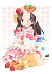  bad_id bad_pixiv_id blush carrot cherry cooking_idol_ai!_mai!_main! creature female food food-themed_clothes fruit hat hiiragi_mine lolicon looking_at_viewer misanga_(cooking_idol_ai!_mai!_main!) one_eye_closed solo spoon strawberry suzume_inui 