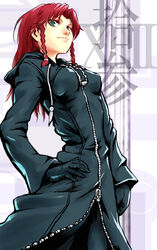  alternate_costume black_coat_(kingdom_hearts) braid commentary_request dokuromaru female from_below gloves green_eyes hand_on_own_hip highres hong_meiling hood kingdom_hearts long_hair organization_xiii red_hair roman_numeral solo touhou twin_braids zipper 