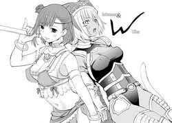  2girls blush bracelet breasts cat_tail choker cleavage dancer fantasy final_fantasy final_fantasy_xi flower greyscale hair_flower hair_ornament hat hume jewelry large_breasts mithra_(ff11) monochrome multiple_girls mumor navel open_mouth pinky_out robina tail uka_totlihn 