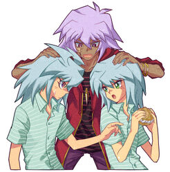  3boys angry bad_id bad_pixiv_id bakura_ryou blush hirano_kei multiple_boys scar sweatdrop tan touzokuou_bakura yami_bakura yu-gi-oh! yu-gi-oh!_duel_monsters 