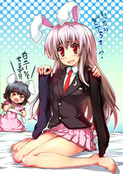  2girls :o animal_ears barefoot black_hair black_thighhighs blazer blue_legwear commentary_request feet inaba_tewi jacket kashi kneeling long_hair multiple_girls open_mouth rabbit_ears red_eyes reisen_udongein_inaba short_hair socks tears thighhighs touhou translated v-shaped_eyebrows white_thighhighs 