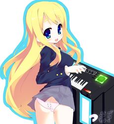  ass bad_id bad_pixiv_id blonde_hair blue_eyes blush female highres huatu_jiang instrument k-on! keyboard_(instrument) kotobuki_tsumugi long_hair looking_back panties pantyshot sakuragaoka_high_school_uniform school_uniform skirt solo thick_eyebrows underwear upskirt 