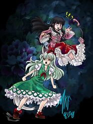  !? 2girls bad_source black_hair caved_(touhou) ex-keine green_hair horns houraisan_kaguya kamishirasawa_keine long_hair madkoifish multiple_girls pain phone red_eyes touhou 