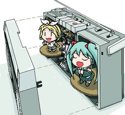  2girls blonde_hair boombox bow chibi chibi_only closed_eyes commentary_request green_hair hairbow hatsune_miku kagamine_rin long_hair lowres multiple_girls oekaki open_mouth shitaiya short_hair twintails u_u vocaloid |_| 