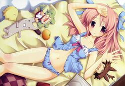  absurdres airy_fairy babydoll blue_panties bow bow_panties chibi colette_marais female food fruit fue_(tsuzuku) hairbow highres lingerie lying navel official_art official_wallpaper on_back orange_(fruit) panties pink_eyes pink_hair solo underwear 