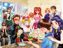  4boys 5girls akagi_ritsuko apron ayanami_rei chopsticks colored_pencil_(medium) commentary_request evangelion:_2.0_you_can_(not)_advance food glasses highres ikari_gendou ikari_shinji kaji_ryouji katsuragi_misato makinami_mari_illustrious multiple_boys multiple_girls neon_genesis_evangelion ousawa_ugetsu painting_(medium) pantyhose photoshop_(medium) rebuild_of_evangelion souryuu_asuka_langley traditional_media watercolor_(medium) 