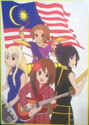  4girls akiyama_mio china_dress chinese_clothes dress flag hirasawa_yui k-on! kotobuki_tsumugi malaysia malaysian_flag multiple_girls tainaka_ritsu 