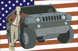  1boy america_(hetalia) american_flag axis_powers_hetalia blonde_hair bomber_jacket car commentary_request flag gb_(doubleleaf) glasses gloves grin hummer hummer_h2 jacket male_focus military military_uniform motor_vehicle necktie photoshop_(medium) smile solo sports_utility_vehicle uniform united_states vehicle_focus 