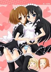  4girls akiyama_mio alternate_costume apron ass black_hair blue_eyes blush brown_eyes brown_hair commentary_request enmaided heart heart_hands heart_hands_duo hirasawa_yui k-on! katsuragi_niya long_hair maid multiple_girls panties striped_clothes striped_panties thighhighs underwear 