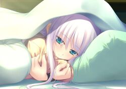  aqua_eyes bad_id bad_pixiv_id bed_sheet blanket blue_eyes blush closed_mouth female game_cg hugging_object kazami_haruki kohaku_(shinikiss) long_hair looking_at_viewer on_bed pillow pillow_hug pov_across_bed shinigami_no_kiss_wa_wakare_no_aji smile solo under_covers white_hair 