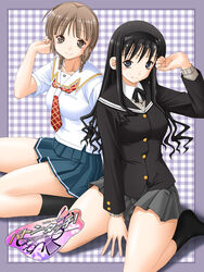  2girls amagami black_hair black_jacket blue_eyes braid brown_eyes brown_hair grey_skirt hairband jacket keito_(keito-ya) kibina_high_school_uniform kibito_high_school_uniform kimi_kiss kneeling long_sleeves mizusawa_mao morishima_haruka multiple_girls pleated_skirt school_uniform skirt twin_braids 