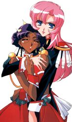  1990s_(style) 2girls absurdres aiguillette blue_eyes closed_eyes crown dark-skinned_female dark_skin dress earrings epaulettes glasses hasegawa_shin&#039;ya highres himemiya_anthy holding hug jewelry long_hair multiple_girls official_art pink_hair purple_hair retro_artstyle scan shoujo_kakumei_utena tenjou_utena yuri 