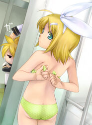  1boy adjusting_bra adjusting_clothes ass back blonde_hair bra brother_and_sister butt_crack commentary_request dressing female green_eyes kagamine_len kagamine_rin lingerie looking_back panties siblings ten_(kisako) twins underwear underwear_only undressing vocaloid 