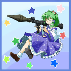  commentary_request detached_sleeves female frog green_hair hair_ornament highres kochiya_sanae rocket_launcher rpg-7 rpg_(weapon) short_hair snake solo touhou wabi_(wbsk) weapon yellow_eyes 