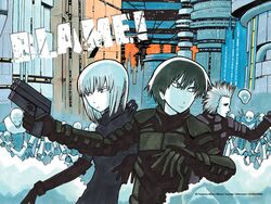  2boys artist_name black_hair blame! cibo copyright_name dhomochevsky emblem exterminator_(blame!) facial_mark female forehead_mark graviton_beam_emitter highres humanoid_robot iko killy multiple_boys parted_lips robot safeguard_(blame!) short_hair toyoda_minoru white_hair 