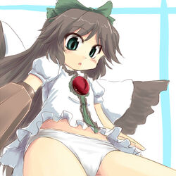  bad_id bad_pixiv_id bow brown_hair cape female green_bow green_eyes hairbow kakkou long_hair lowres no_pants panties reiuji_utsuho solo touhou underwear wings 