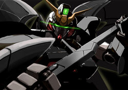  commentary_request glowing glowing_eyes gundam gundam_deathscythe_hell_custom gundam_wing mecha nana_g no_humans photoshop_(medium) robot scythe solo 