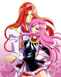  1990s_(style) 1boy aiguillette bishounen epaulettes female gradient_background hasegawa_shin&#039;ya highres kiryuu_touga long_hair pink_background pink_hair red_hair retro_artstyle shoujo_kakumei_utena tenjou_utena white_background 