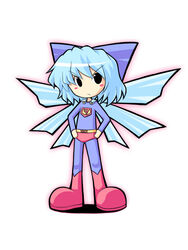  blue_bow blue_hair bow cartoonized circled_9 cirno clothes_writing cosplay costume dc_comics female hairbow kakkou short_hair solo superman superman_(cosplay) superman_(series) superwoman toon_(style) touhou wings 