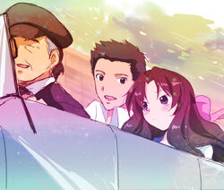  2boys akina_tsukako blush brown_hair car convertible couple driving female iwasaki_sousuke left-hand_drive long_hair matsuzaka motor_vehicle multiple_boys ogasawara_akiko ribbon straight taishou_yakyuu_musume 