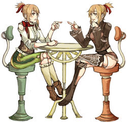  2girls bad_id bad_pixiv_id blonde_hair boots catherine_(granado_espada) chair crossed_legs doll_joints frown granado_espada itanji joints kneehighs multiple_girls pointing ponytail ribbon sitting smile socks table thighhighs yellow_eyes 